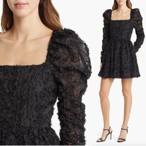 NWT ✨ Black Halo Alister Mini Dress, Floral Lace Applique Long Sleeve Babydoll 2
